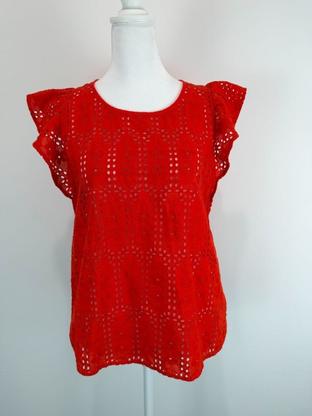 Madewell Women’s Red Eyelet Embroidered Flutter Sleeve Blouse Size Small